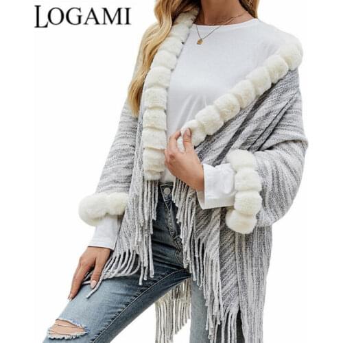 LOGAMI Fringed cloak shawl sweater womens fur collar cardigan Women oversized poncho sweater