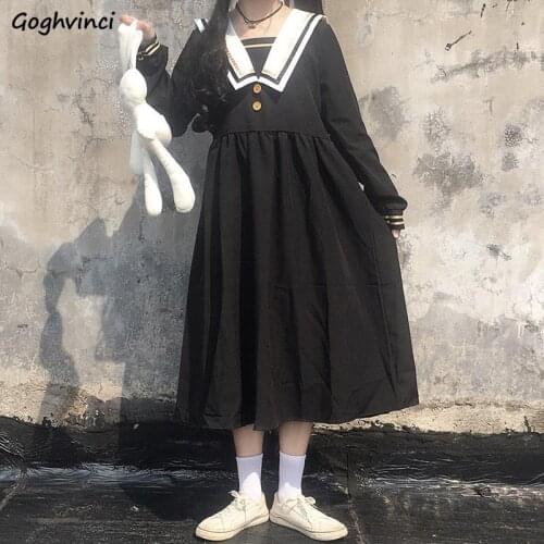 Women Long Sleeve Dress Sweet Students Japanese Style Sailor Collar Mid-calf Dresses Panelled Button All-match Ulzzang Chic Girl