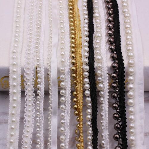 1yard Beaded Lace Trim Tape Fabric White Black Beaded Ribbon DIY Sewing Garment Collar Headdress Materials Sewing Craft Supplies