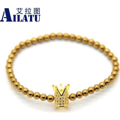 Ailatu Advanced Plated Cubic Zirconia Crown Beads Bracelet Mens Elastic Jewelry Pulseira Hombres