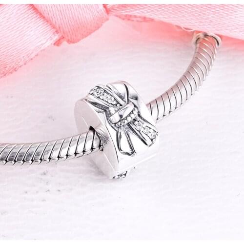 Shiny Bow Clip Charm 925 Sterling Silver Beads for Jewelry Making Fit Bracelet DIY free shipping 02C049