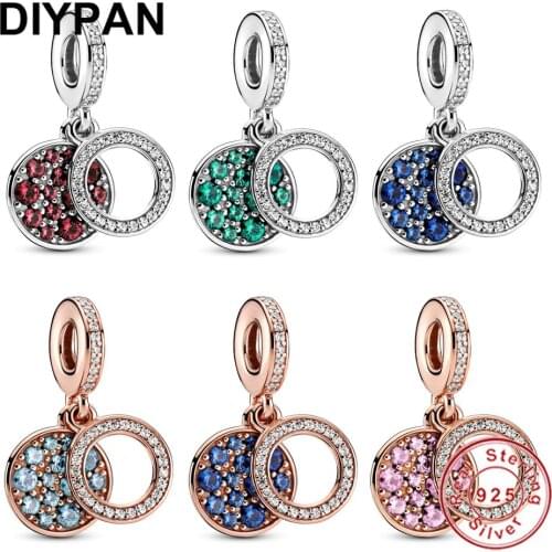 Sparkling Disc Double Dangle Charm Fit Pandora Charms Bracelet 925 Sterling Silver Original Pendant Berloque DIY Jewelry Making