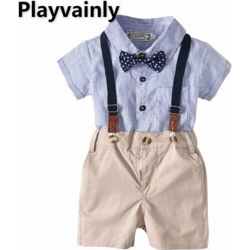 2021 Baby Boy Sets bow tie stripe Short Sleeve Romper+overalls 2 Piece cotton Suit Boy Clothes