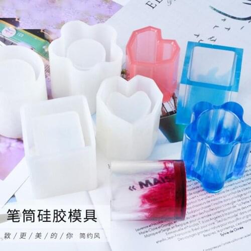 DIY Crystal Epoxy Resin Pen Holder Brush Pot Silicone Mold Round Square Heart Shape Pen Holder Resin Mould Handmade Casting Mold