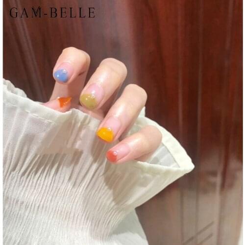 GAM-BELLE Cute Candy Colors Fake Nails With 3D Pearl Designs Short DIY False Nail Tips Art Decoration Manicure Nail Art Tools