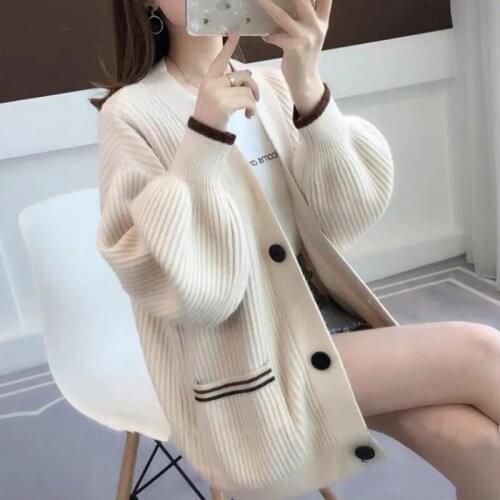 Cardigan Women V-Neck Button Solid Long Sleeve Tops knitting Sweater Women Patched Warm Elegant Blouse Korean Loose Outwear