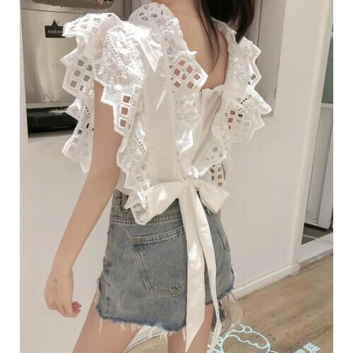 Lace Hook Floral Spliced Ruffles Blouses Hollow V-Neck Sleeveless Shirts High Waist Lace Up Pleated Vest Bowtie Blusas Crop Tops