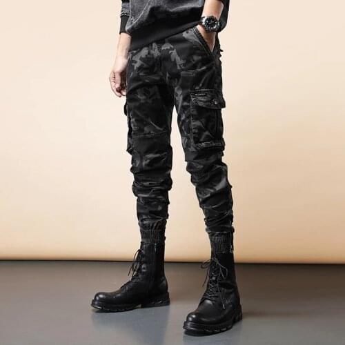 Korean Style Fashion Men Jeans Elastic Slim Fit Big Pocket Casual Cargo Pants Men Overalls Camouflage Hip Hop Joggers Trousers