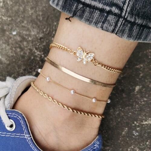 Fashion Gold Crystal Butterfly Pearl Anklets Set Trendy Snake Chain Multi Layer Beach Foot Chain Jewelry Accessories