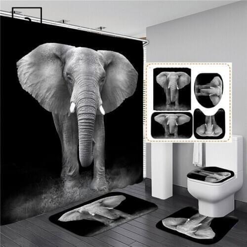 3D Black Elephant Print Shower Curtains Set Waterproof Bathing Screen Flannel Toilet Lid Cover Kitchen Mat Bathroom Rug Carpet