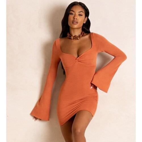 2021 Autumn New Women Solid Low Collar Slim Dress Beach Party Club Womens Sheath Short Boho Mini Dress Flare Long Sleeve Dresses