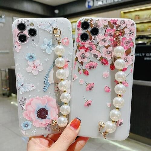 Luxury Flower Pearl Bracelet Phone Case for iPhone 11 Pro Max 12 7 8Plus X XS XR Relief Painting Chain Wrist Band Back Cover