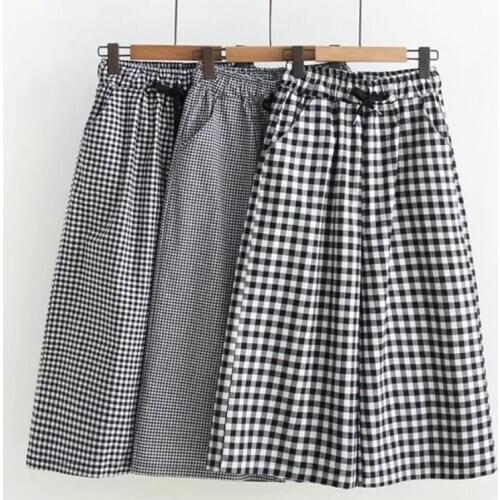 Black And White Plaid Wide Leg Shorts Women Summer High Waisted Cotton Shorts Womens Lace Up Loose Shorts Women