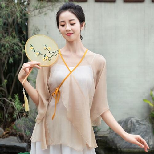 Geskeey Women Classical Practice Clothes Elegant Ancient Cloak Shirt Gauze Top Folk Sexy Perspective Dance Costume Long Sleeve