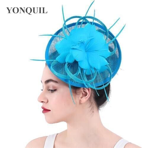 Women Hair Fascinator Headband Feathr Flower Hat Turquoise Sinamay Cocktail Party Wedding Headpieces Women Elegant Fedora SYF327