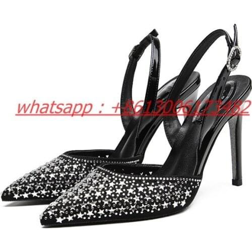 Woman sequined stars rhinestone high heel sandal slingback hollow crystal stars pointed toe stiletto woman sandal