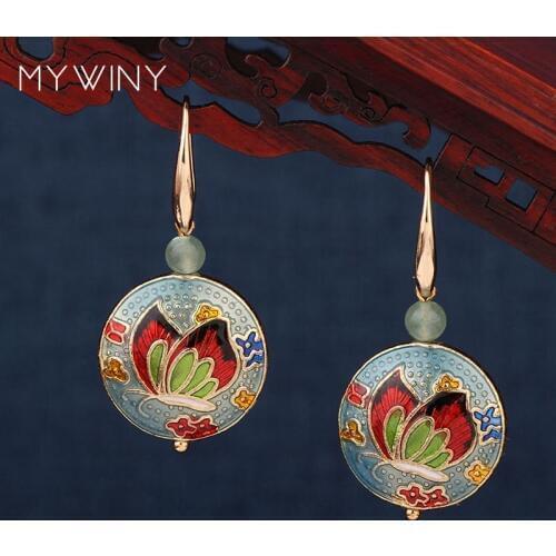 2 colors MYWINY New fashion copper butterfly jewelry cloisonne enamel earrings, vintage flowers simple earrings