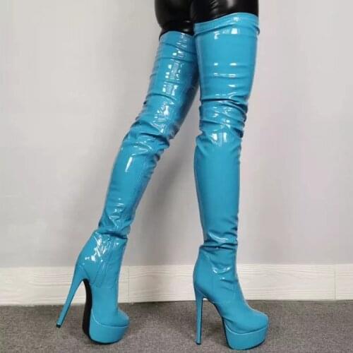 Women Platform Thigh High Boots Sexy Stiletto High Heels Boots Round Toe Pretty Blue Party Shoes Women Plus US Size 5-15