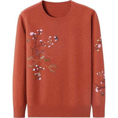 100% pure cashmere sweater women embroidery 2021 autumn winter round neck pullover base sweet sweater round neck pullover