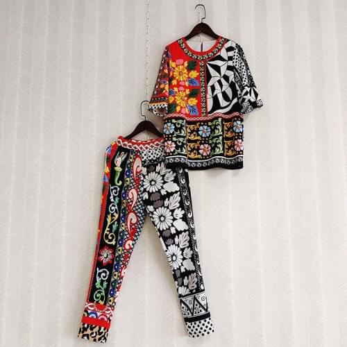 Spring 2021 Fashion womens leisure suit High quality floral print T-shirts+Ninth pants 2piece set B682