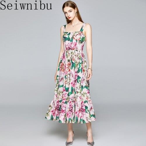 Seiwnibu luxury Runway Summer Party Spaghetti Strap Long Dresses Womens Charming Flower Print Ruffles Sexy Dress Vestdios