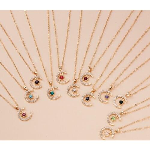 Women Birthstone Pendant Necklace Moon Star Shaped Fashion Birthday Jewelry Gifts Colorful Rhinestone Clavicle Chain Choker 2021