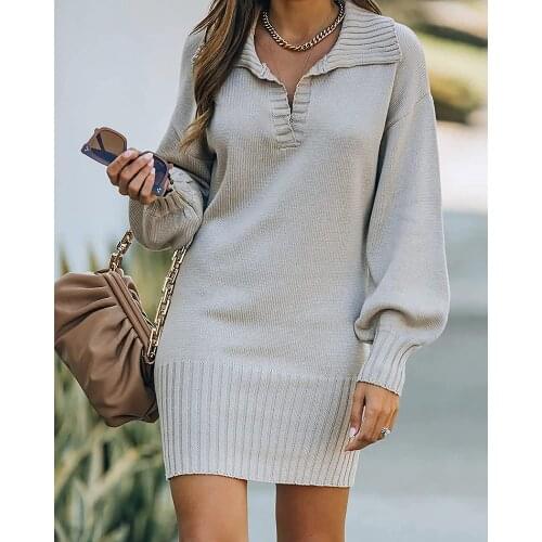 Womens Casual Knitted Sweater Mini Dress Solid Color Turn-down Collar Long Sleeve Slim Fit Pullovers Fall Winter Vestidos