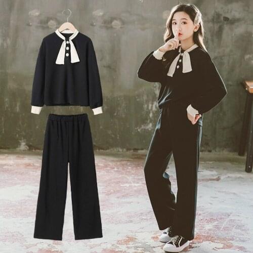 2021 Girls Set Bowtie Tops Shirts and Long Pants 2 Pcs Suits Teenage Children Clothes Casual Boutique Kids Clothing Sets 4-14Y