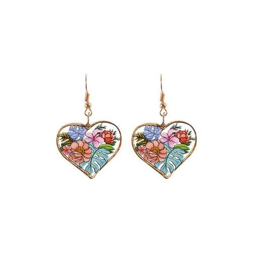 2021Hollow Alloy Wooden Earrings Spring Summer Vintage Love Heart-Shaped Flowers Drop Earrings Daily Party Accessories For Women