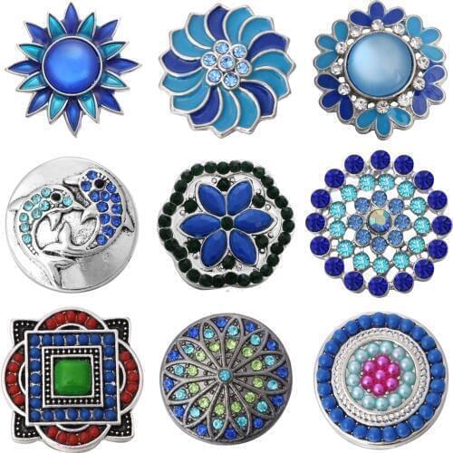 5pcs/lot New Snap Jewelry DIY Blue Crystal Rhinestone Snap Buttons Fit 18mm Snap Bracelets Bangles Women Button Jewelry