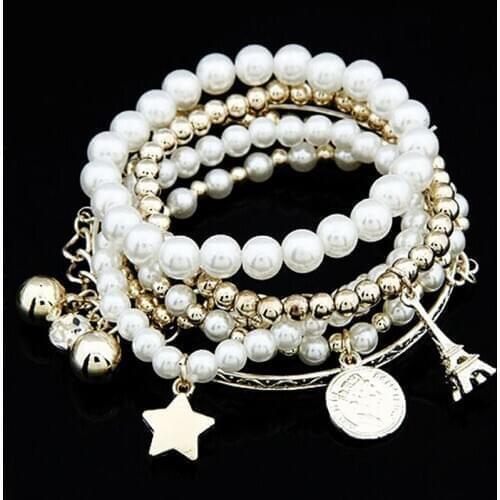 Stars Eiffel Tower Medal Simulated Pearl Golden Silver Plated Beaded Chain 6 PCS Bracelets & Bangles for Women