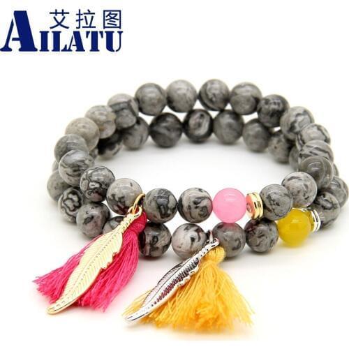 Ailatu New Arrival 8mm Grey Picture Stone Beads Hang Feather Tassel Lucky Bracelet For Lovers Christmas Gifts