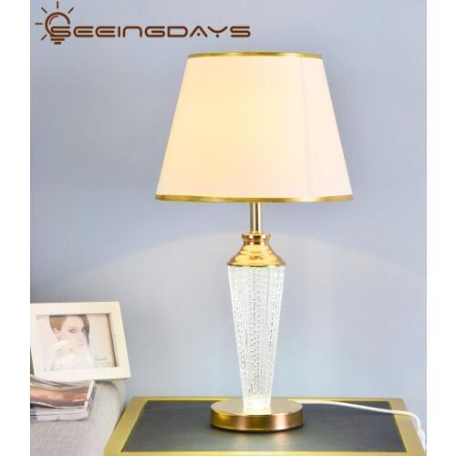 Free Shipping Shine Up And Down Crystal Glass Led Table Lamp For Bedroom Golden Edge Lampshade Bedside Lamp Night Lamp 220v 110v