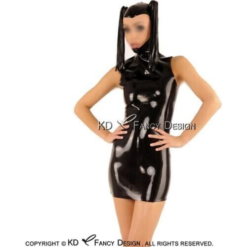 Black Sexy Latex Dress With Hoods PigTail Open Face Sleeveless Zipper At Back Rubber Bodycon Playsuit LYQ-0149