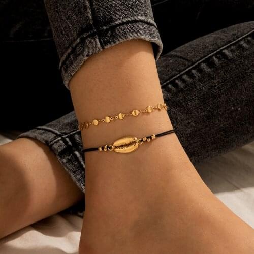 Docona 2pcs/set Bohemian Geometry Shell Anklets Set for Women Adjustable Handmade Rope Layered Beach Party Jewelry Accessories
