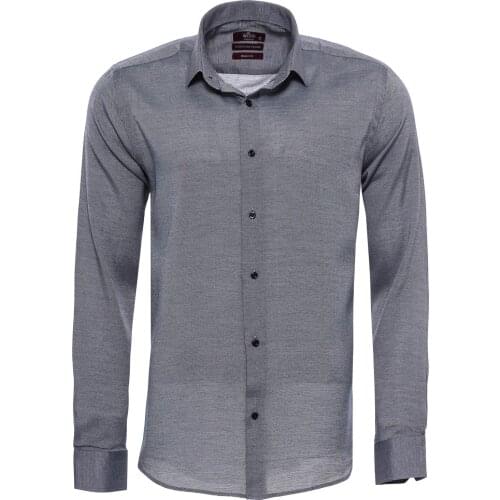 Gri Kendinden Desenli Uzun Kol Slimfit Gömlek