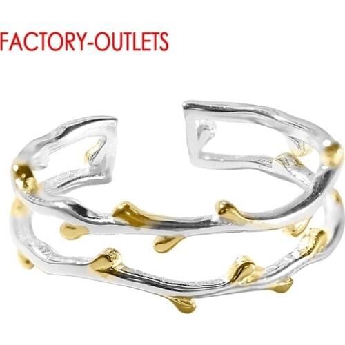 Genuine 925 Sterling Silver Small Yellow Tree Bud Ring Opening Adjustable Finger Rings For Women Fine Wedding Ring Jewelry