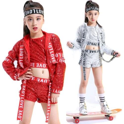 Girls Sequin Jazz Dancing Suit Modern Street Dance Hip Hop Costumes Children Jazz Dance Stage Costumes Three-Pieces Two Colors
