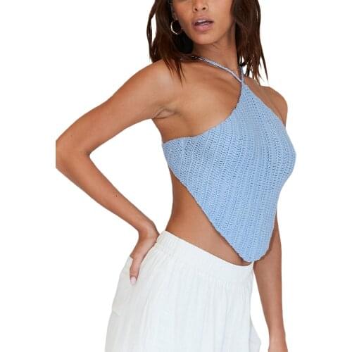 Backless Halter Knitted Camisoles Women Summer Sexy Solid Color Spaghetti Strap Lace-Up Vest Ladies Casual Sleeveless Tops