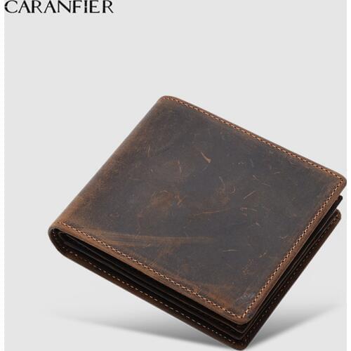 CARANFIER Crazy Horse Leather Mens Wallet Top Genuine Cowhide Leather Men Retro Wallet Coin Bag Male Short Bi-fold Cowboy Purses