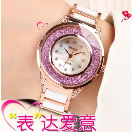 The new fashion trend to work when the ladies watch female white ceramic rhinestones pink purple quicksand crystal female form
