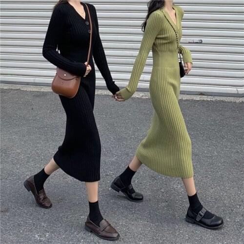 Autumn And Winter Women V-neck Knitted Dress Long Sleeve Bottom Robe Femme Ladies Dresses Green Black Vestidos