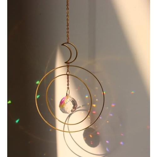 Moon Sun Ring Rainbow Crystal Pendant catcher Hanging Prism Stone Beads Ornament Home Window Windchimes Car Decoration