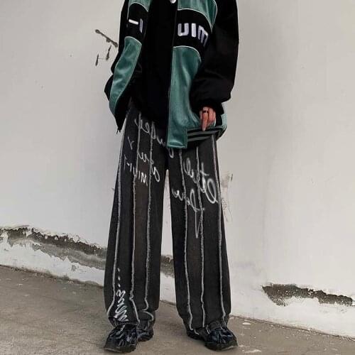 Frayed Letter Striped Wide Leg Jeans Pants Mens and Womens High Street Washed Straight Oversize Denim Trousers