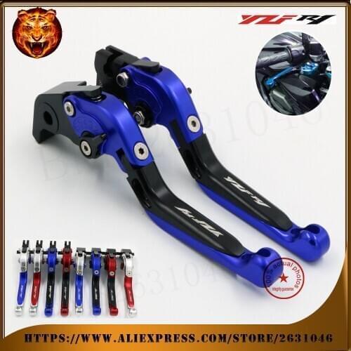 For YAMAHA YZFR1 YZF-R1 2009 10 11 12 13 14 Blue+Black Motorcycle Adjustable Folding Extendable Brake Clutch Lever Logo YZF R1