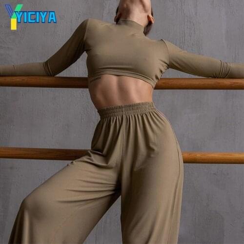 YICIYA Sexy Two Piece Set Women Skinny Long Sleeve Top Elastic Wide Leg Pant Suit Female Solid Tracksuit women y2k met trousers