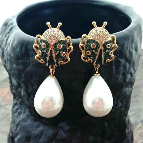 White Sea Shell Pearl Yellow Gold color Plated cubic zirconia Beetle Stud Earrings animal earrings for women