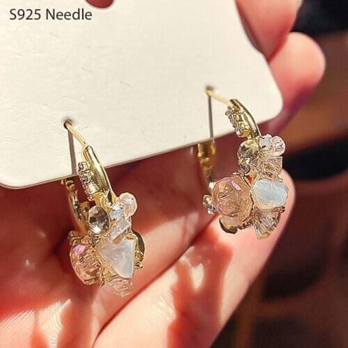 925 Sterling Silver Needle Hoop Earrings for Women Jewelry Luxury 18K Gold Flower Crstal Elegant Lovely Female Earrings