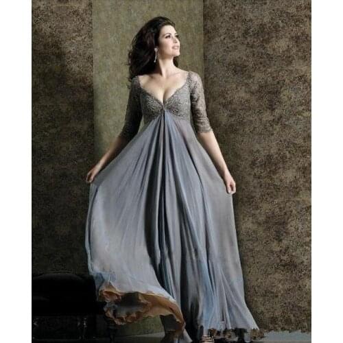 Chic Plus Size Lace Mother Of The Bride Dresses Sleeves A-Line V-Neck Empire Waist Mother Of Groom Dress Floor-Length Chiffon