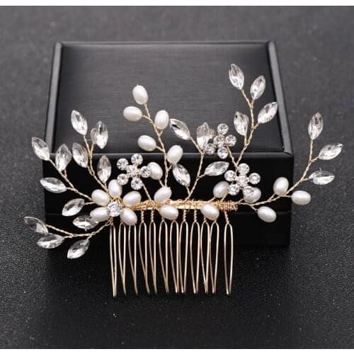 AiliBride Pearl Crystal Wedding Hair Combs Hair Accessories Gold Women Back Decorative Hair Comb Bridal Headpiece Hair Jewelry